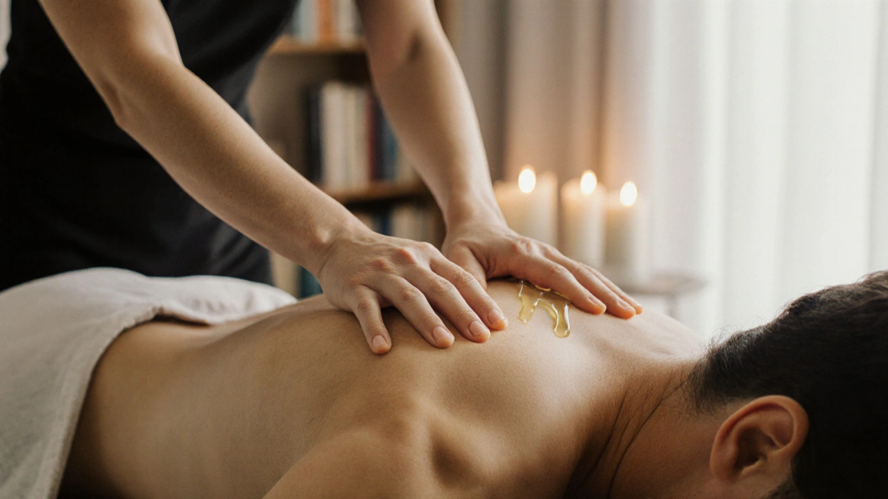 A therapist&#039;s hands using gentle strokes during a Swedish massage on a client&#039;s shoulders.