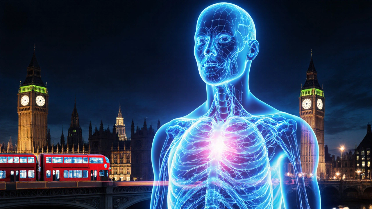 Abstract glowing body with energy flows, surrounded by subtle city silhouettes representing stress relief.