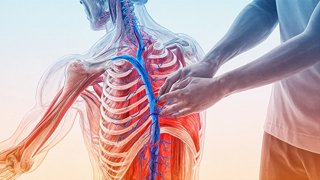 Anatomical illustration showing deep‑tissue and lymphatic massage improving circulation.