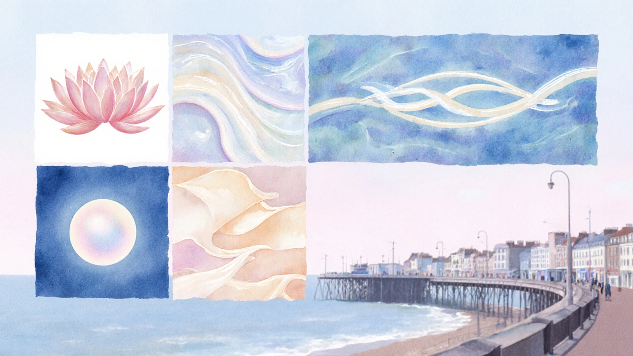 Artistic collage of symbols representing different erotic massage styles in pastel tones.