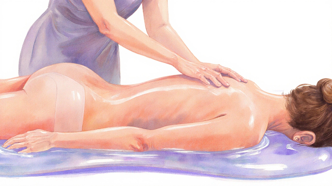 Artistic illustration of therapist gliding over client on a glossy Nuru mat.