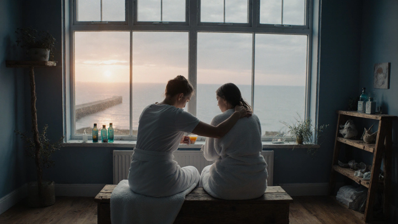 Brighton studio aftercare scene with couple in towels, therapist offering tea, sunrise view.