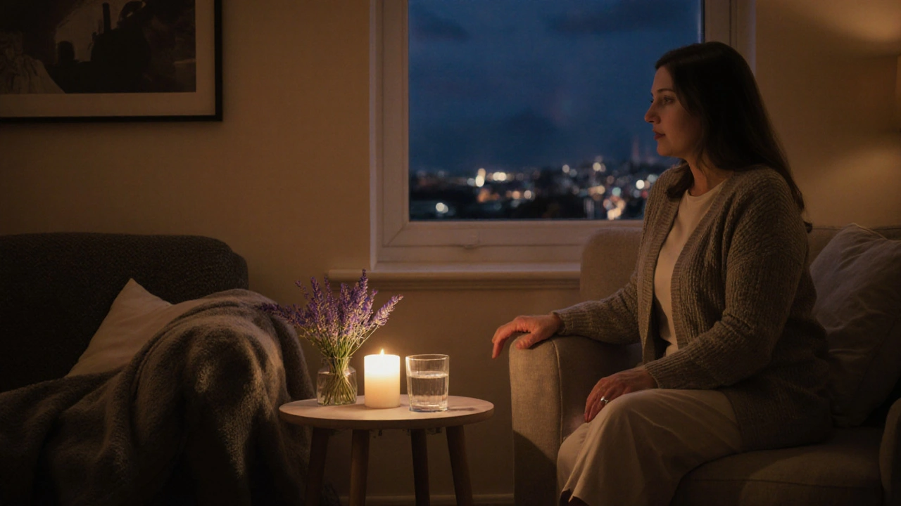 Calm aftercare lounge with blankets, candles, water, and a therapist offering a comforting hand.