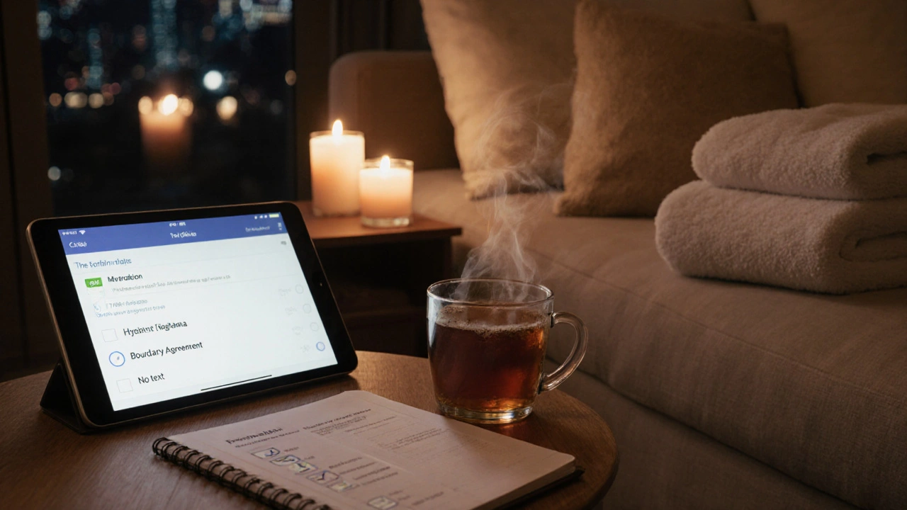 Calm home scene with candles, tea, and a checklist after a massage session.
