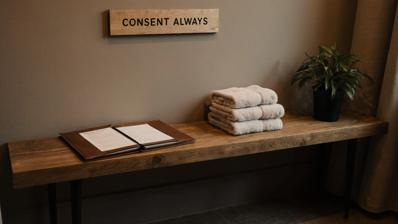Clean reception area with towels, intake form, and a sign emphasizing consent.