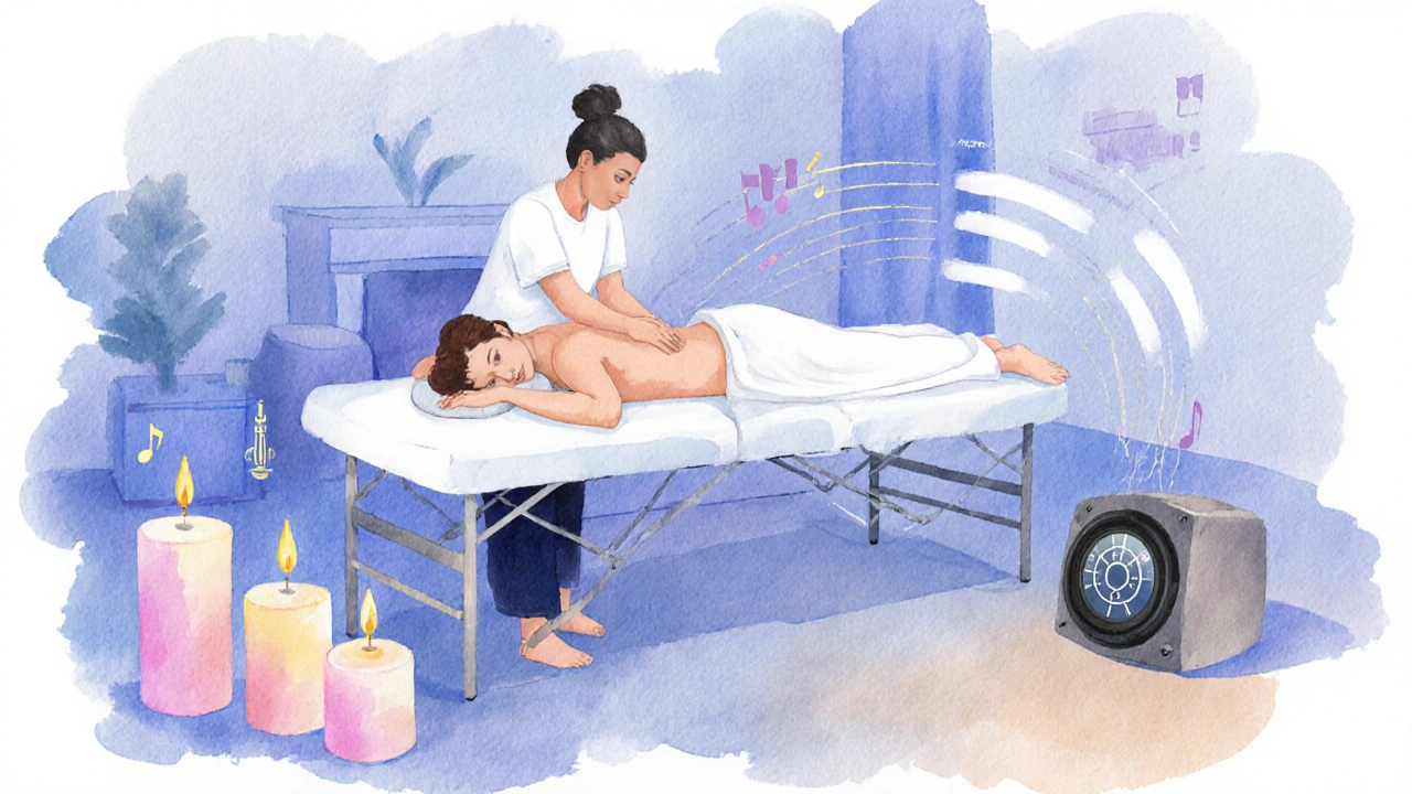 Client receiving a customized at‑home massage surrounded by candles, music notes, and a thermostat.