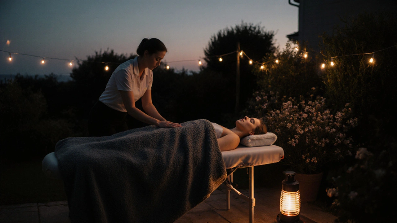 Client relaxing on a patio after a mobile massage as dusk falls.