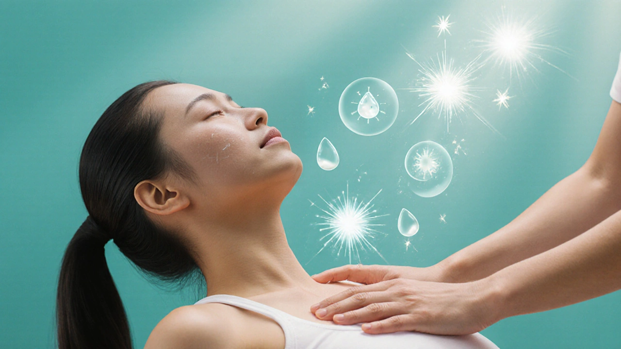 Close-up of a relaxed client in a guided stretch, visual symbols of cortisol fading and endorphins rising.