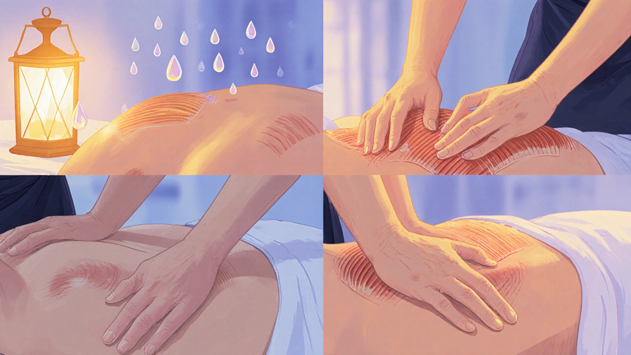 Close‑up split view showing five Swedish massage strokes on a client’s back.