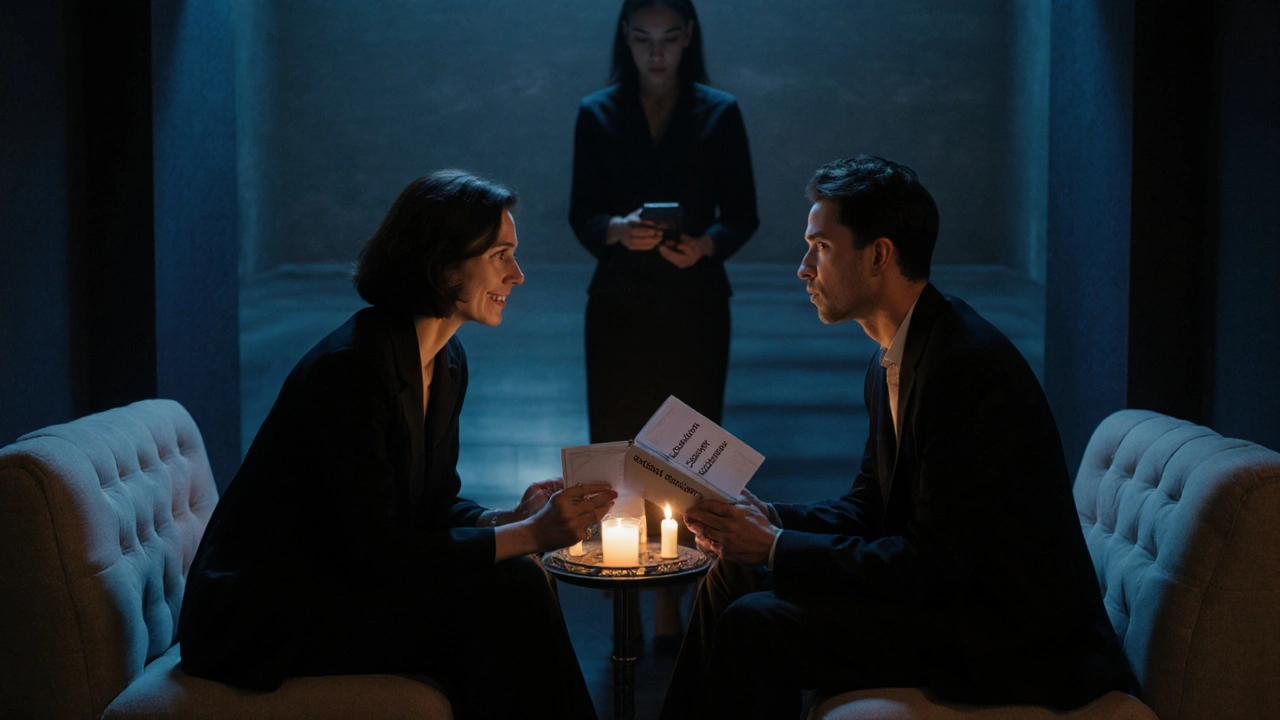 Couple seated in a spa lounge discussing session guidelines, indicating consent.