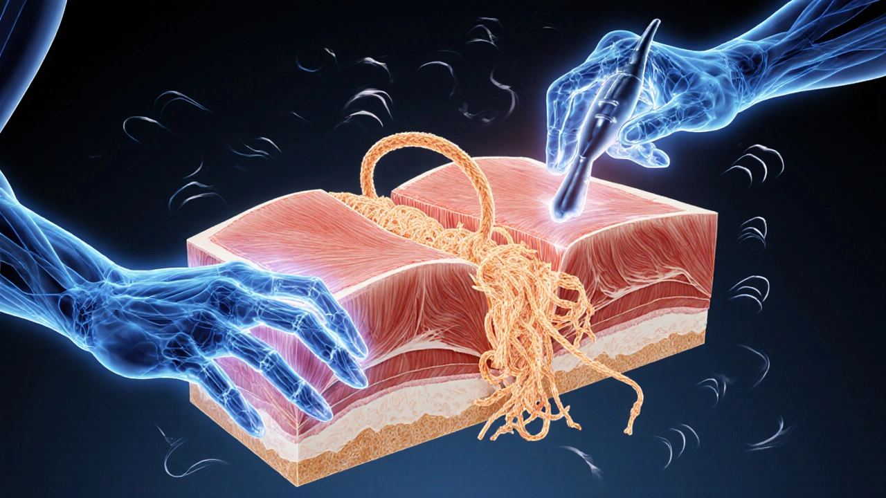 Cross-section of muscle and fascia being released by therapeutic hands with glowing energy.