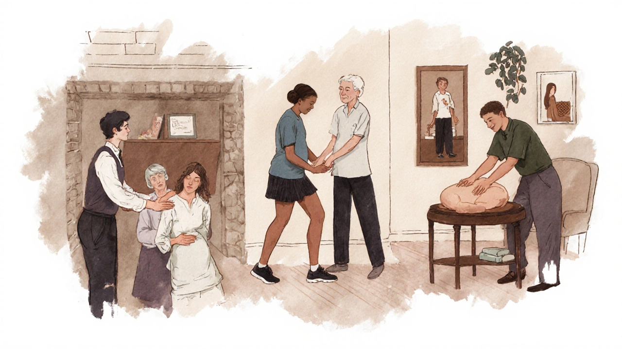 Diverse Londoners receiving different types of massage in various city settings.