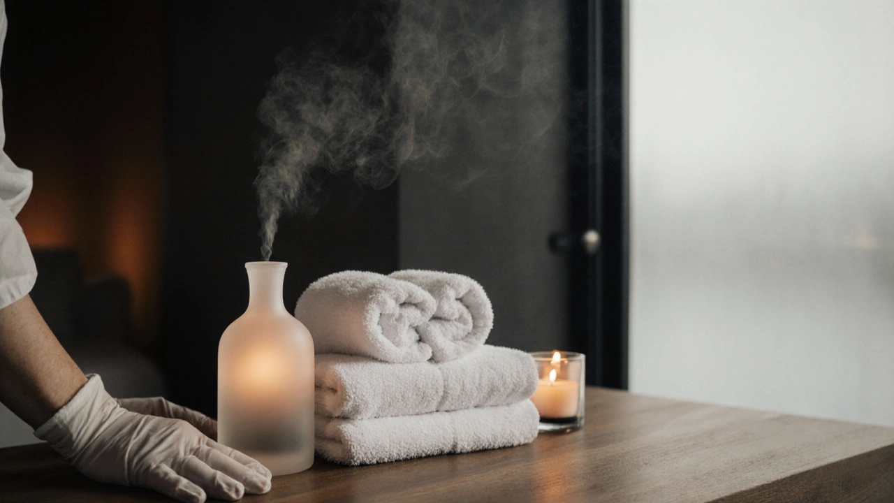 Elegant spa studio with linens, oil bottle, candle, and prepared treatment area.