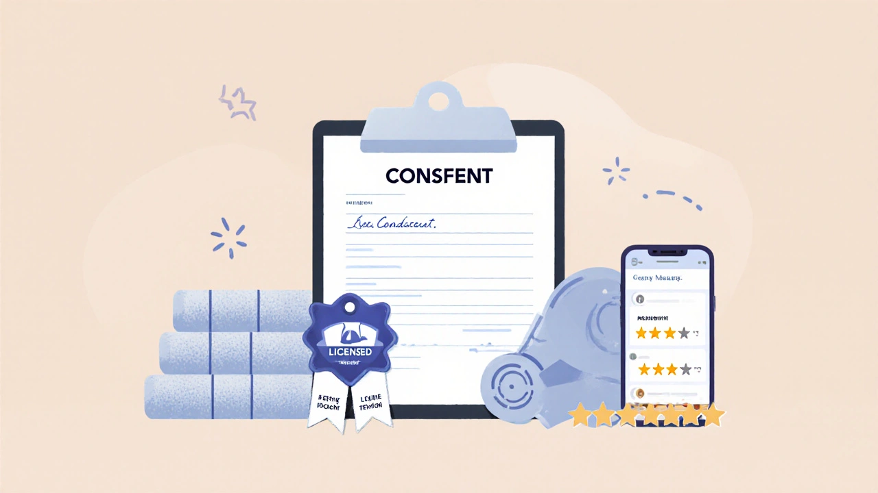 Flat illustration of consent form, license badge, towels, and phone with reviews on a pastel background.