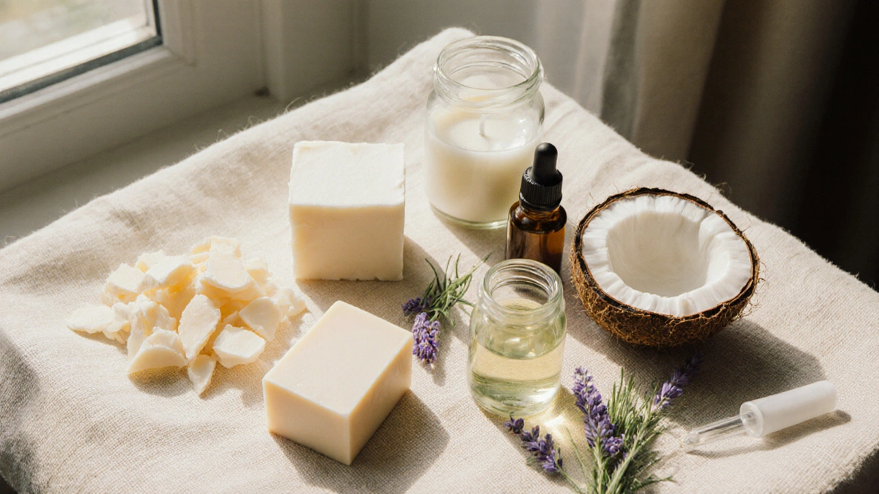 Flat‑lay of soy wax, shea butter, coconut oil, lavender oil, and vitamin E.