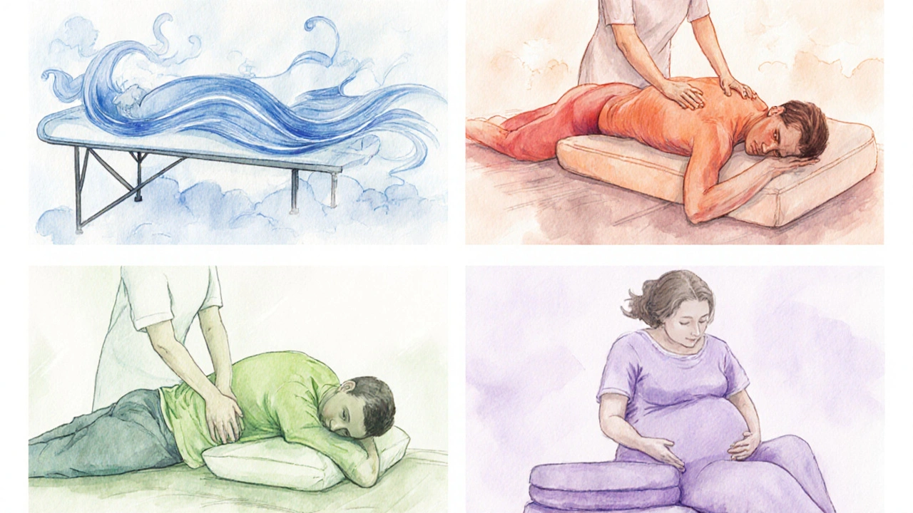 Four watercolor scenes showing different mobile massage styles.