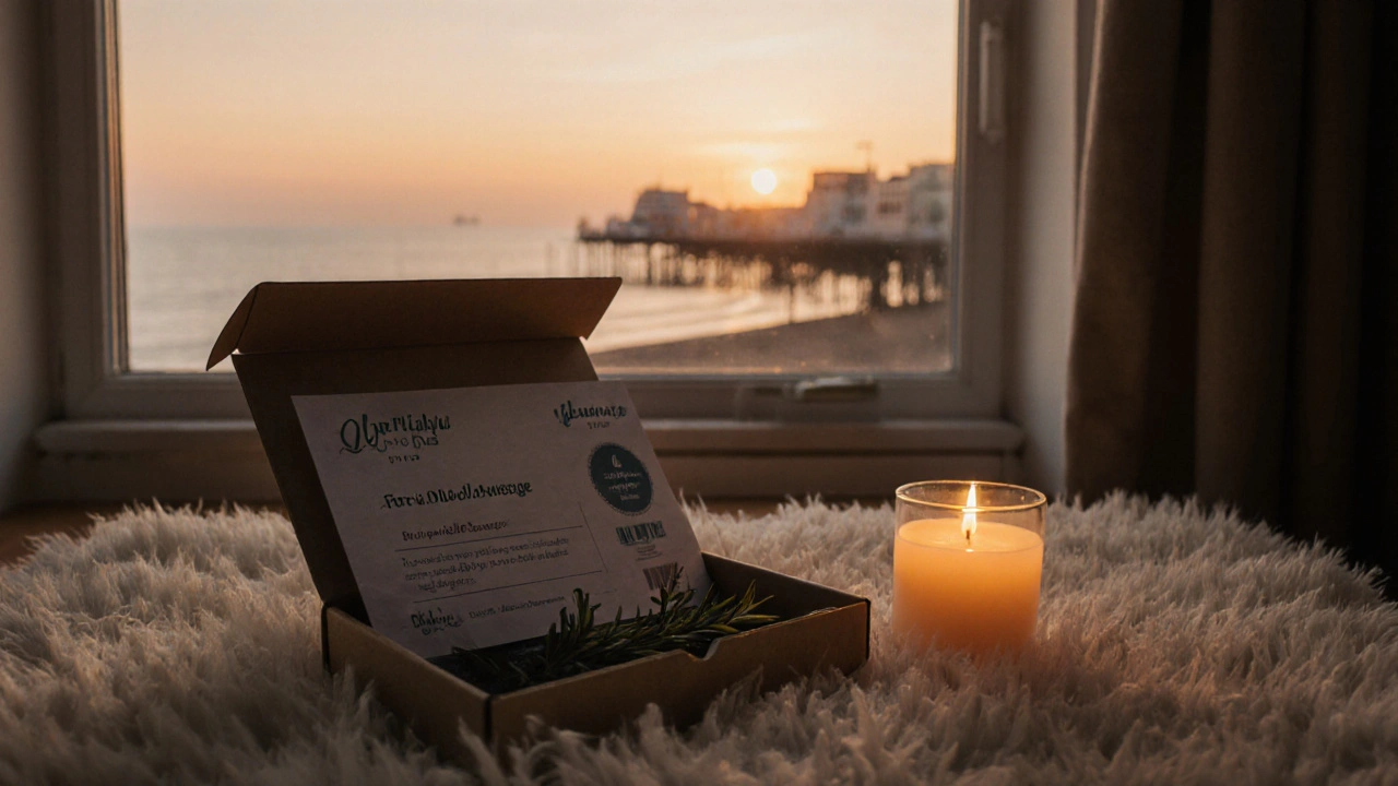 Gift box on a rug by a window showing Brighton sunset, containing a mobile massage voucher.