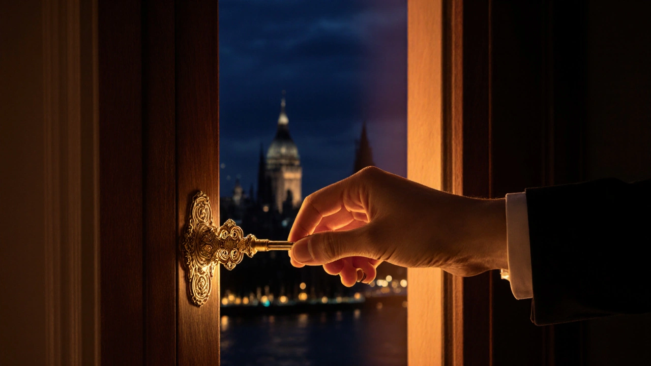 Hand holding a golden key unlocking a door with a glowing London skyline backdrop.