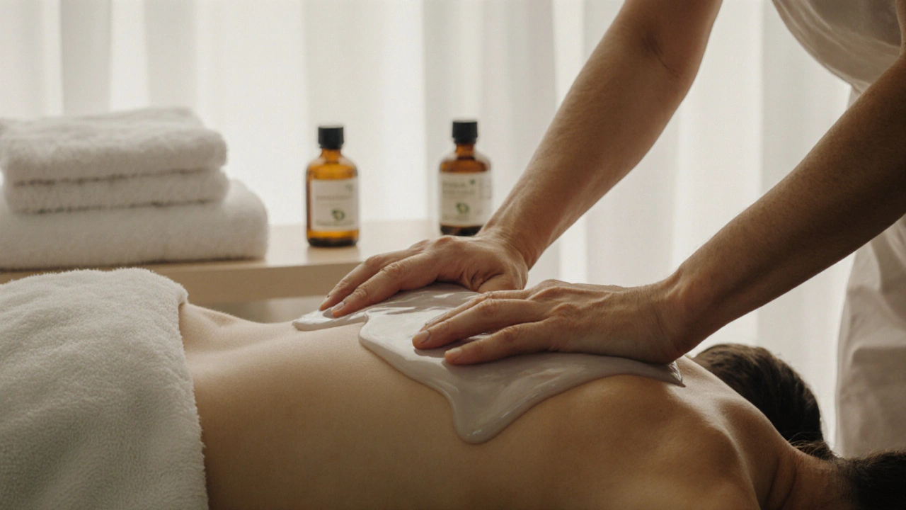 Hands gliding smoothly over skin during a Nuru massage with oil and natural light.