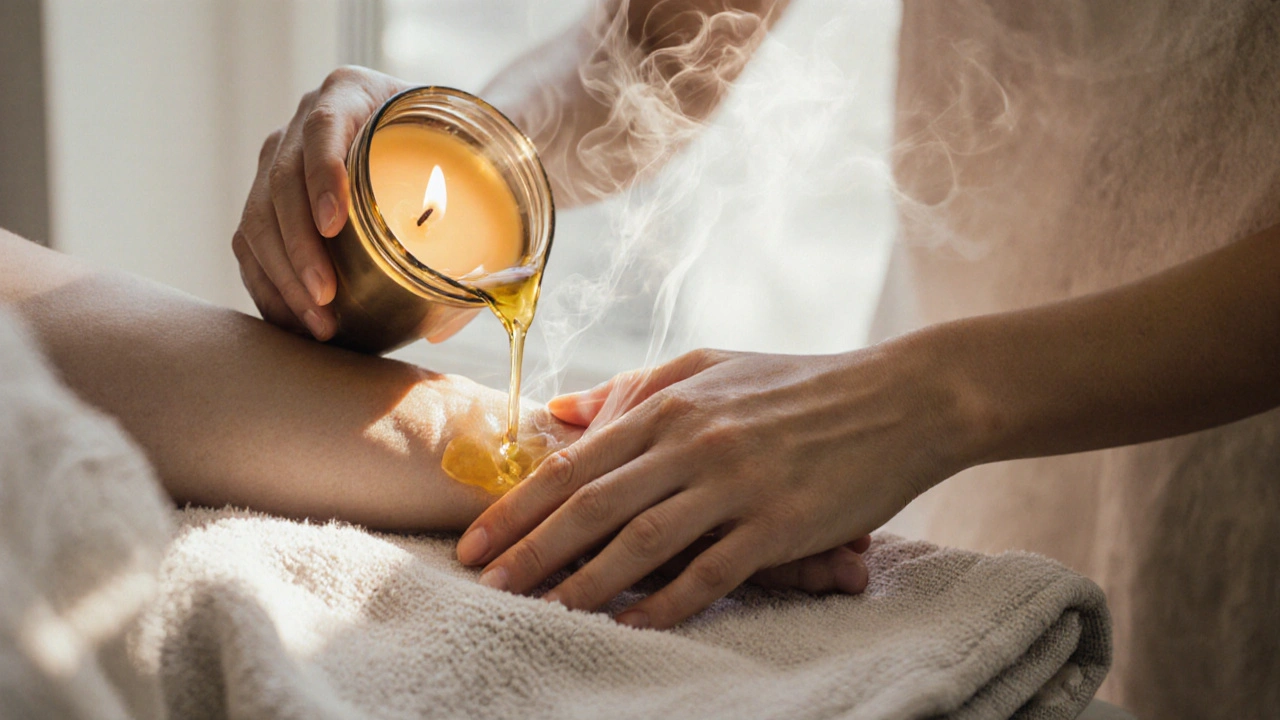 Hands massaging golden beeswax oil into forearm, candlelight reflecting on skin with soft fabric beneath.