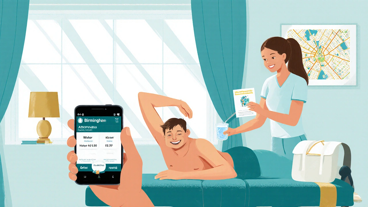 Happy athlete receives water and after‑care advice after a home massage session.