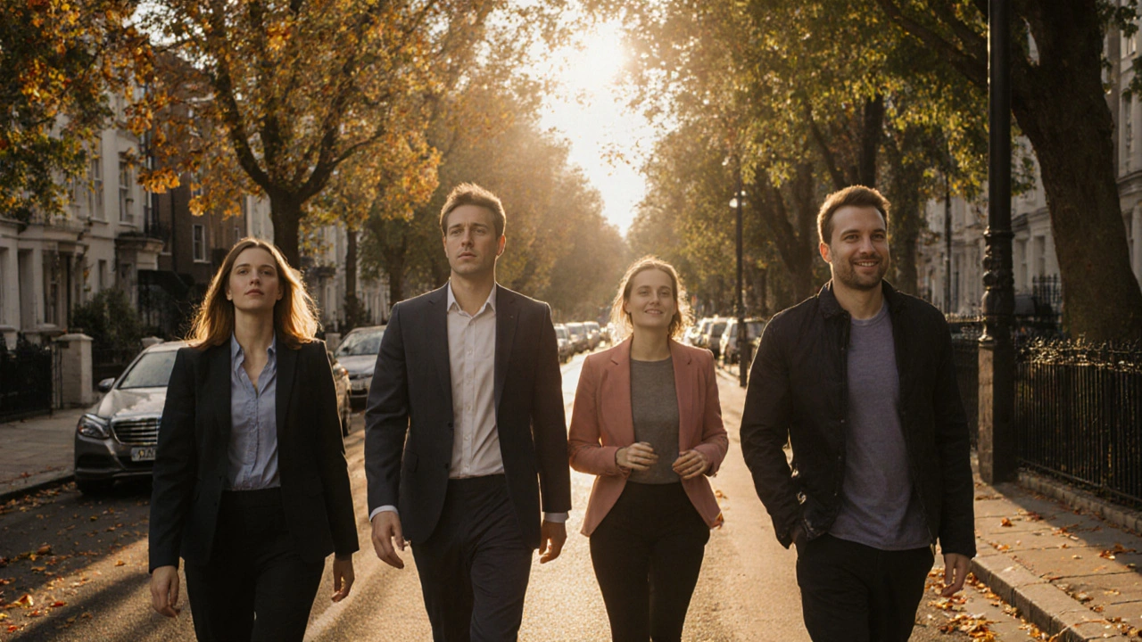 Londoners walking calmly through a tree-lined street after a relaxing massage session.