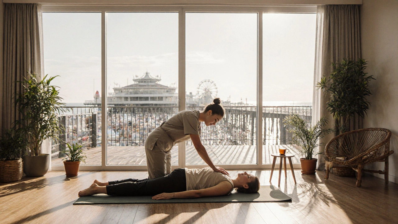 Modern Brighton Thai massage studio with therapist guiding a stretch, sea view visible through windows.