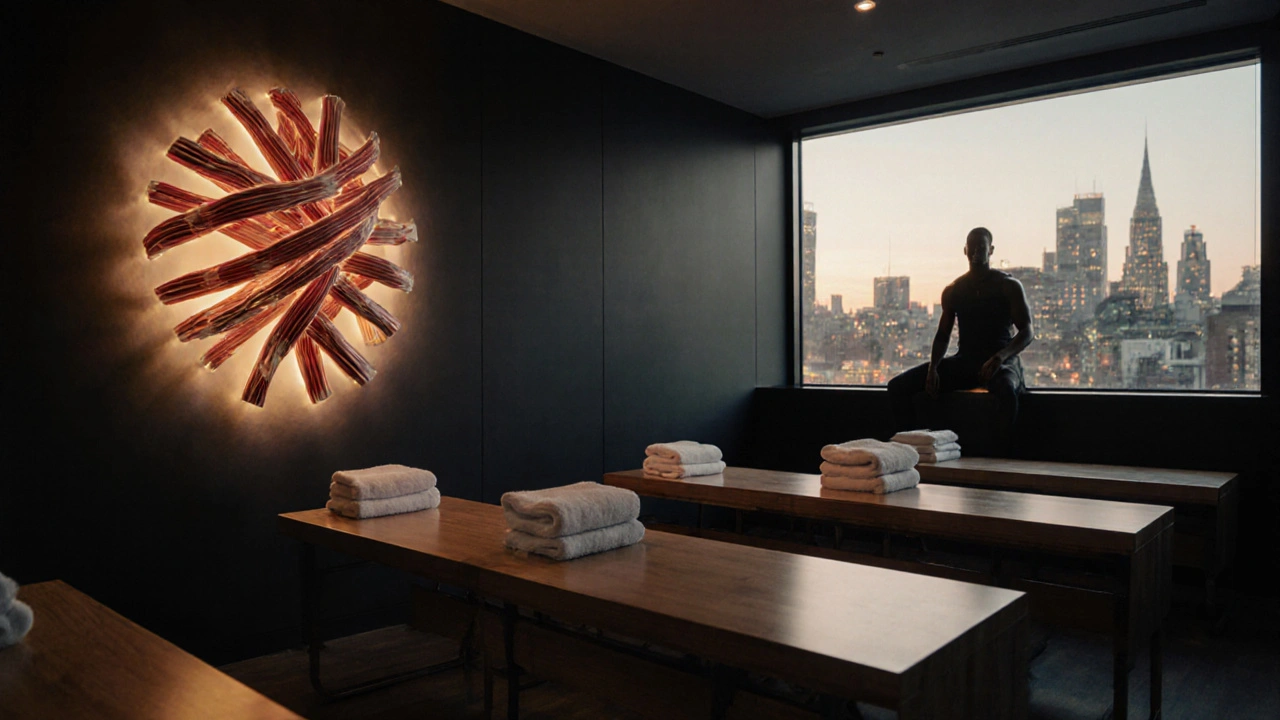 Modern London clinic interior with abstract muscle sculpture and athlete silhouette at dusk.