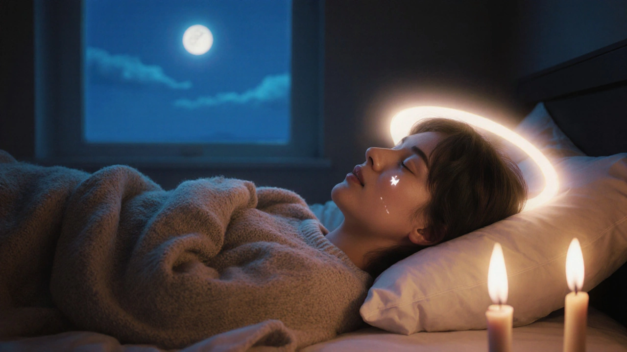 Person lying on bed with candlelight glowing on their back, wrapped in sweater, peaceful and healed.