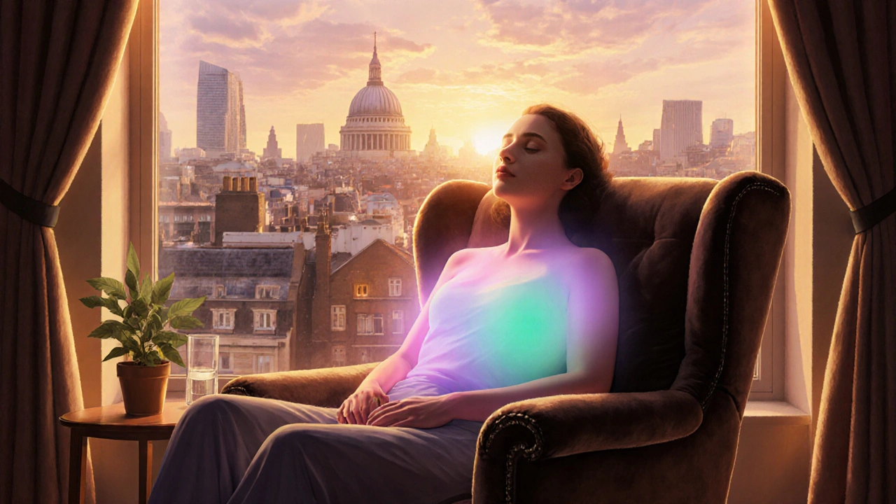 Relaxed client in lounge chair by sunset window, aura suggesting post‑massage relief.