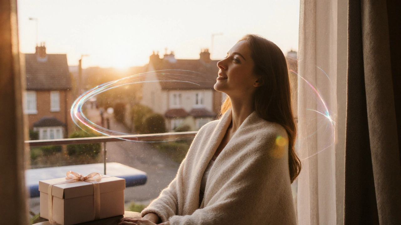 Relaxed client on a balcony at sunrise, surrounded by gentle light ribbons after an outcall massage.