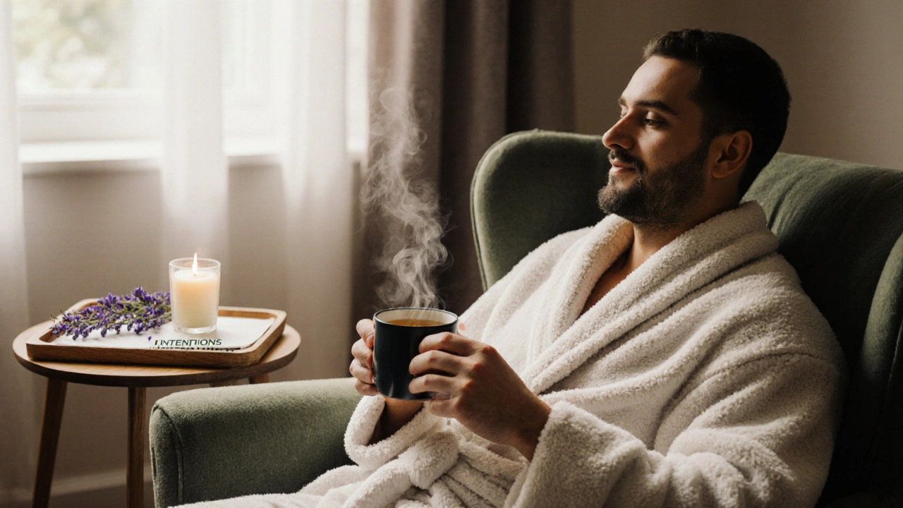 Relaxed man in robe sipping tea by a window, reflecting post‑massage calm.