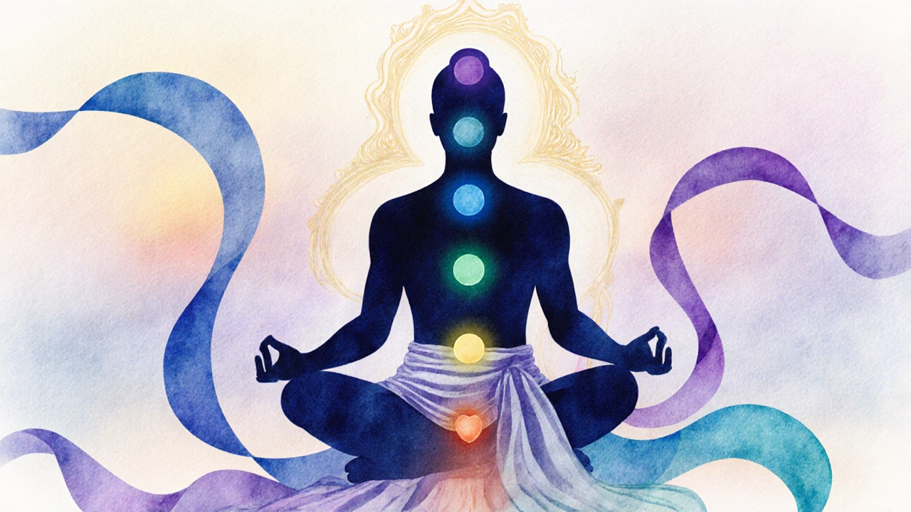 Silhouette meditating with colorful light ribbons flowing from pelvis upward.