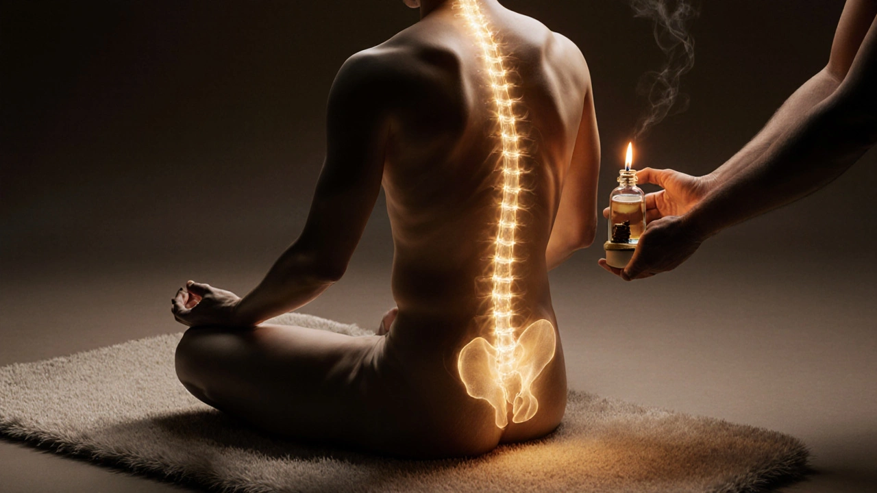 Silhouette with luminous energy pathways and hovering hands with oil.