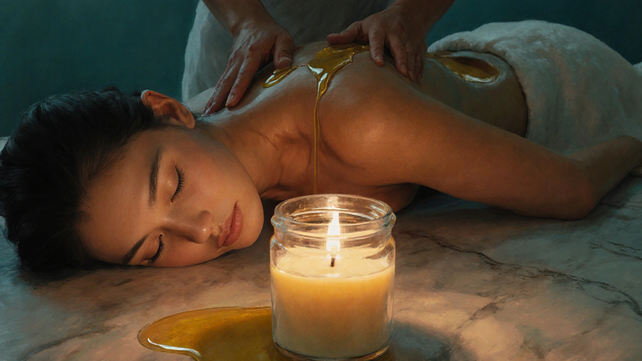 Spa scene with candle oil melting, hands massaging a relaxed person.