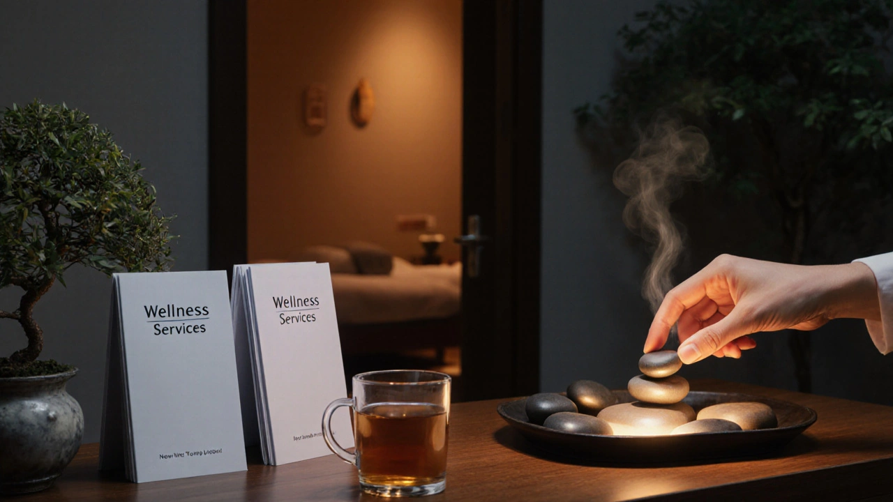 Tranquil spa desk with brochures, tea, and hot stones, suggesting booking and safety.