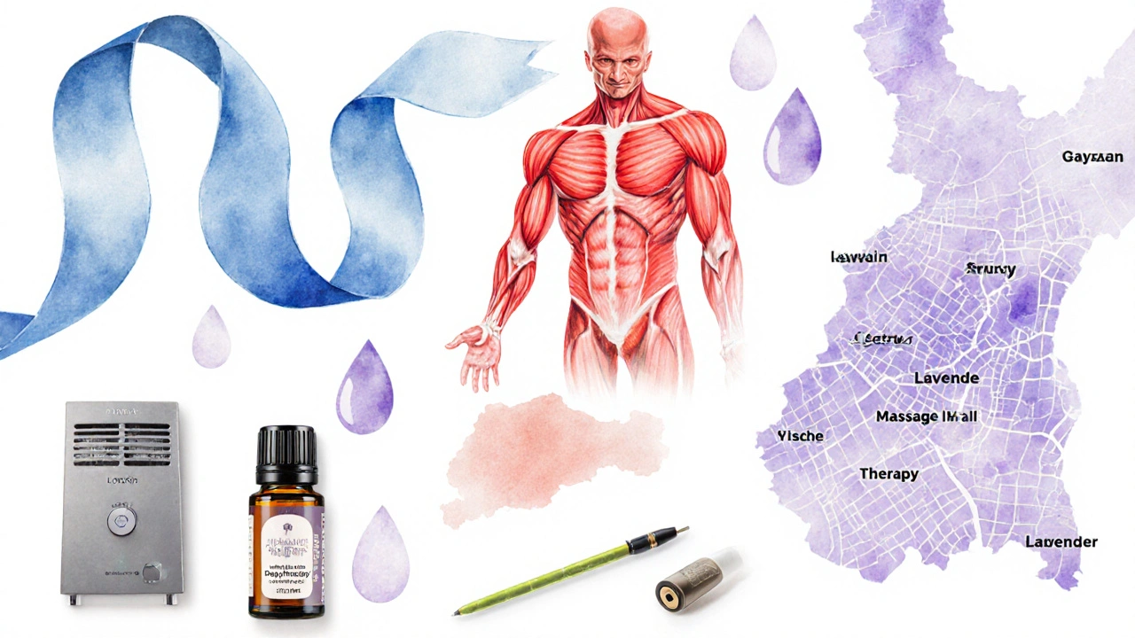 Watercolor collage showing symbols for Swedish, deep tissue, and aromatherapy massages.