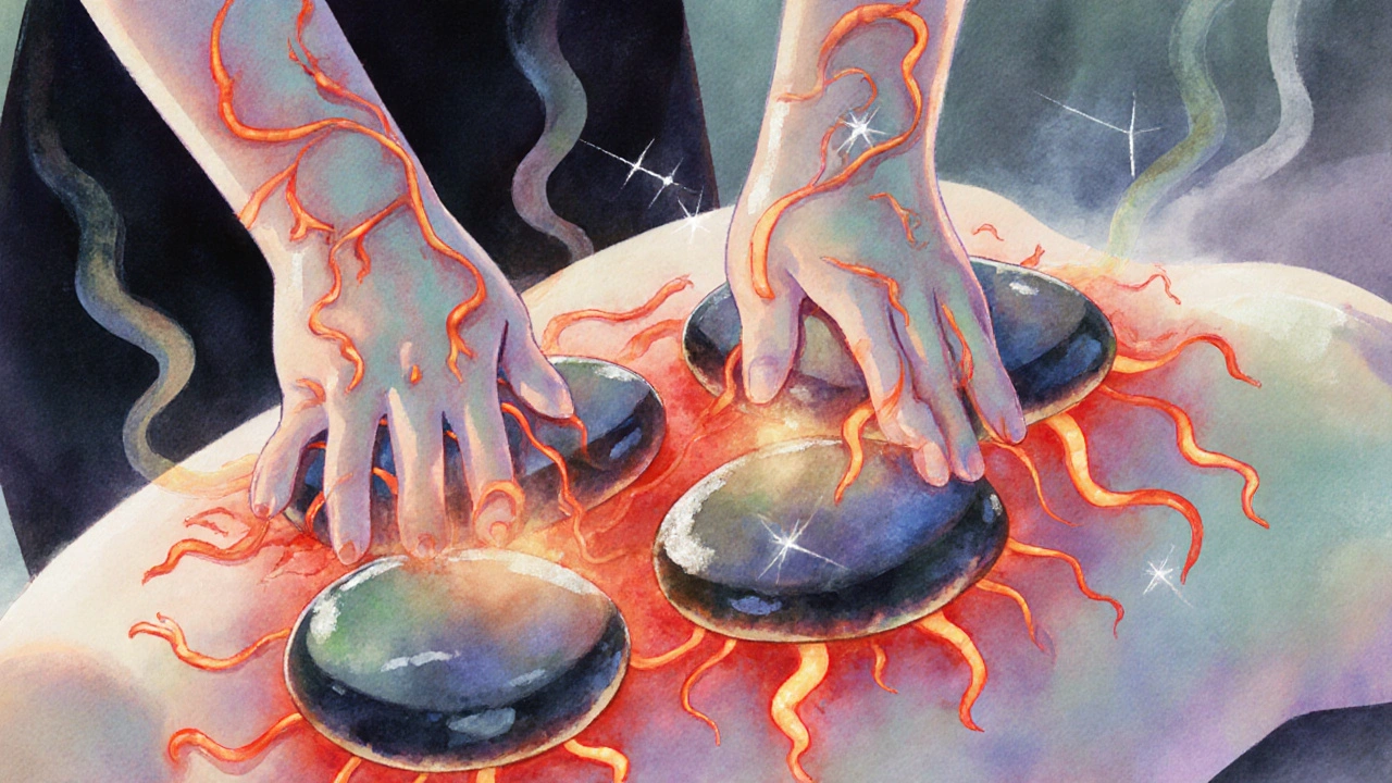 Watercolor illustration of glowing veins from hot stones showing relaxation and circulation.
