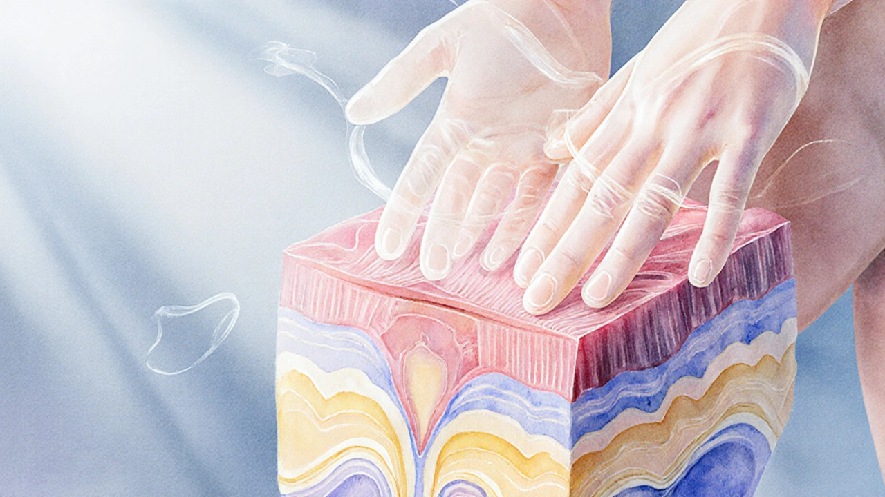 Watercolor illustration of thigh muscle layers being gently stretched by floating hands.