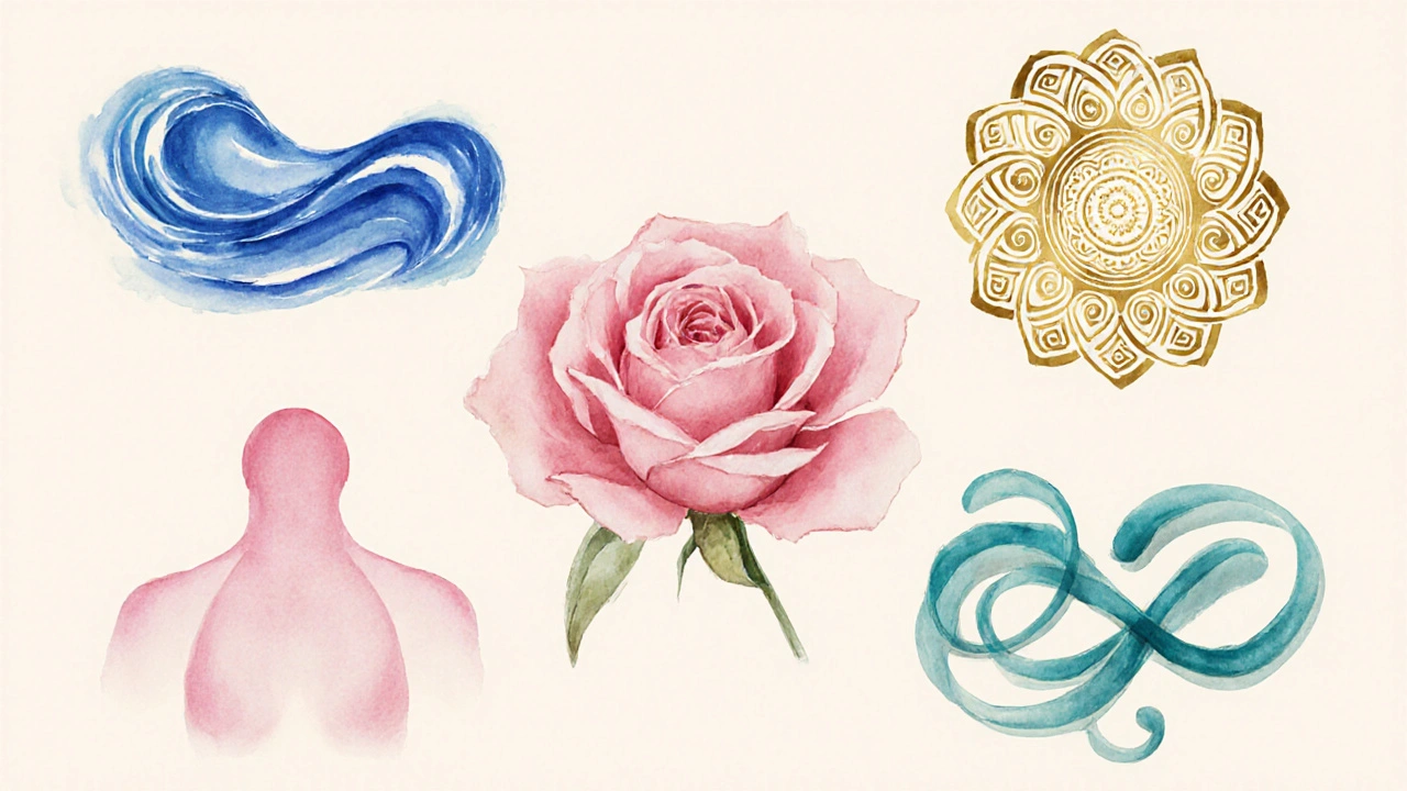 Watercolor motifs for Nuru, Tantric, Body‑to‑Body, and Swedish massages around a rose.