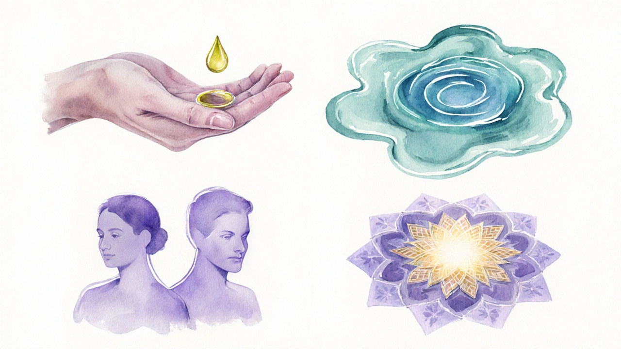 Watercolor vignettes depicting four erotic oil massage styles with oils and symbols.