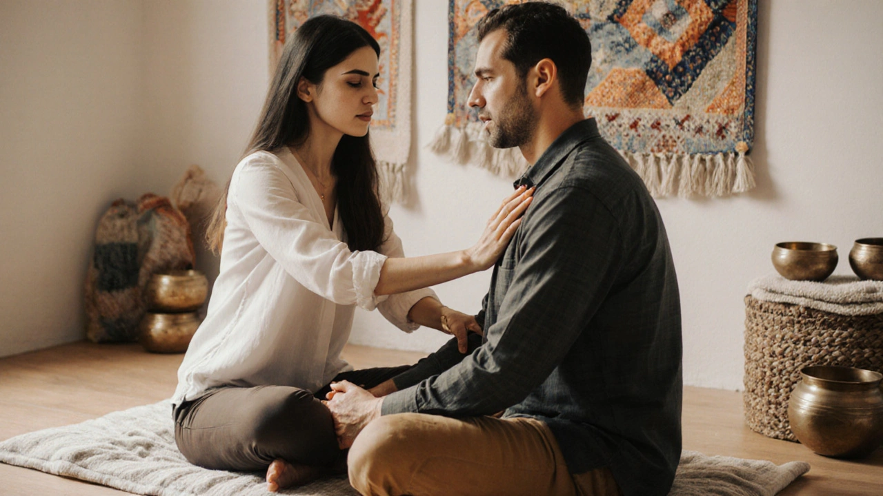 A couple engaged in a tender, non-sexual intimate massage together.