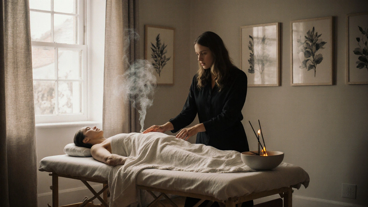 A holistic therapist offering a non-sexual pelvic massage in a calm, botanical-themed healing space.