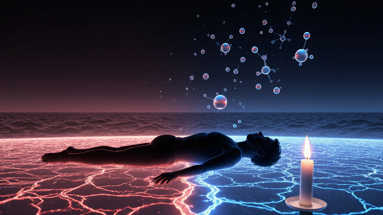 A human silhouette surrounded by calming neural pathways shifting from stress to peace.