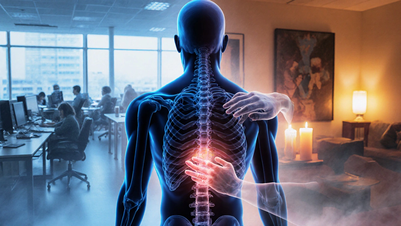 A human silhouette with tension knots dissolving into calm, set against contrasting chaotic and serene backgrounds.