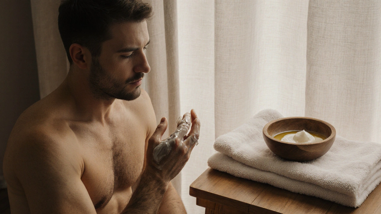 A man practicing self-massage with warm oil in peaceful morning light.