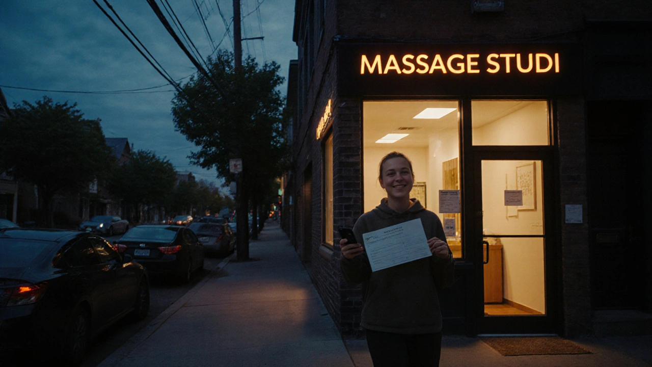 A person entering a quiet massage studio at dusk, glowing windows visible in a peaceful neighborhood.