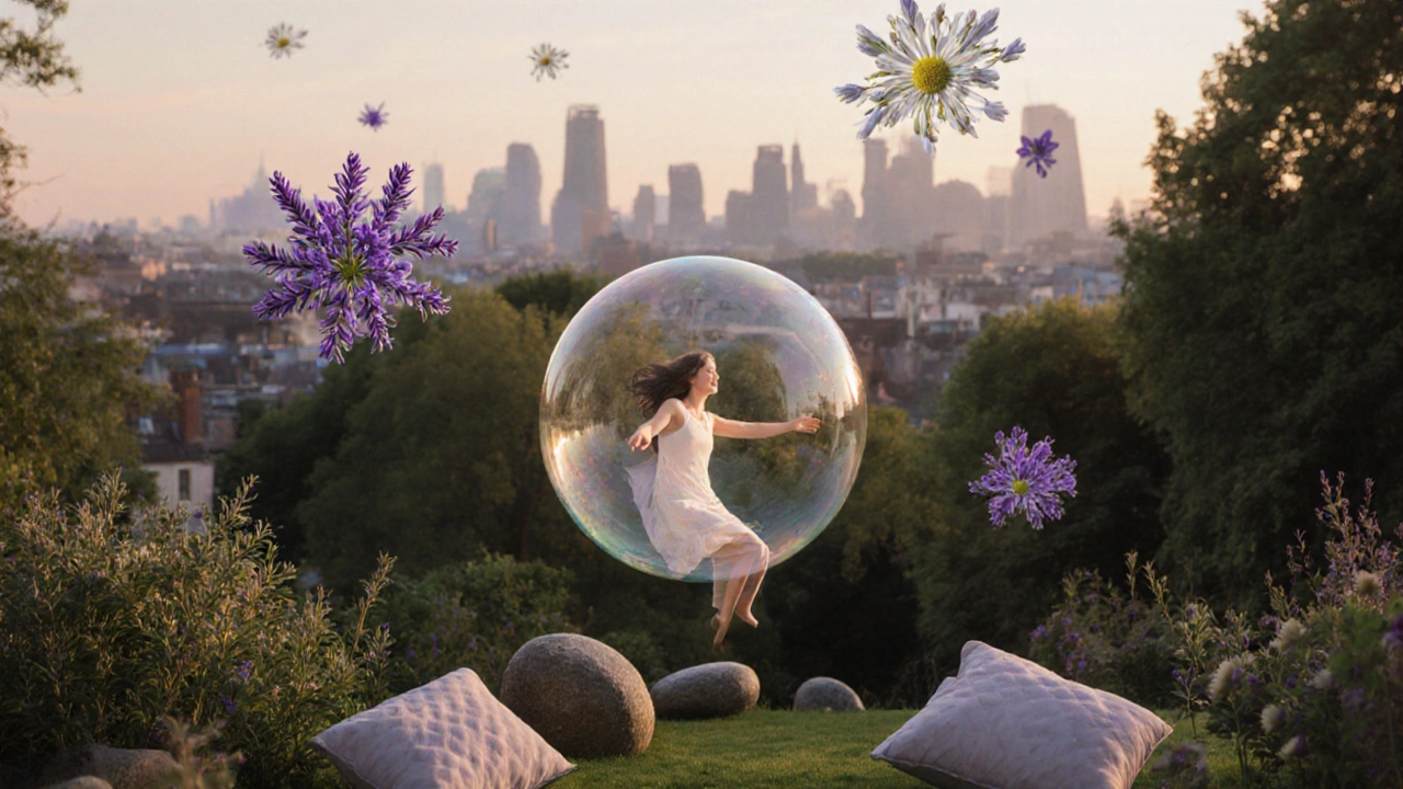 A person floating in a serene bubble above a garden, symbolizing deep relaxation and release.
