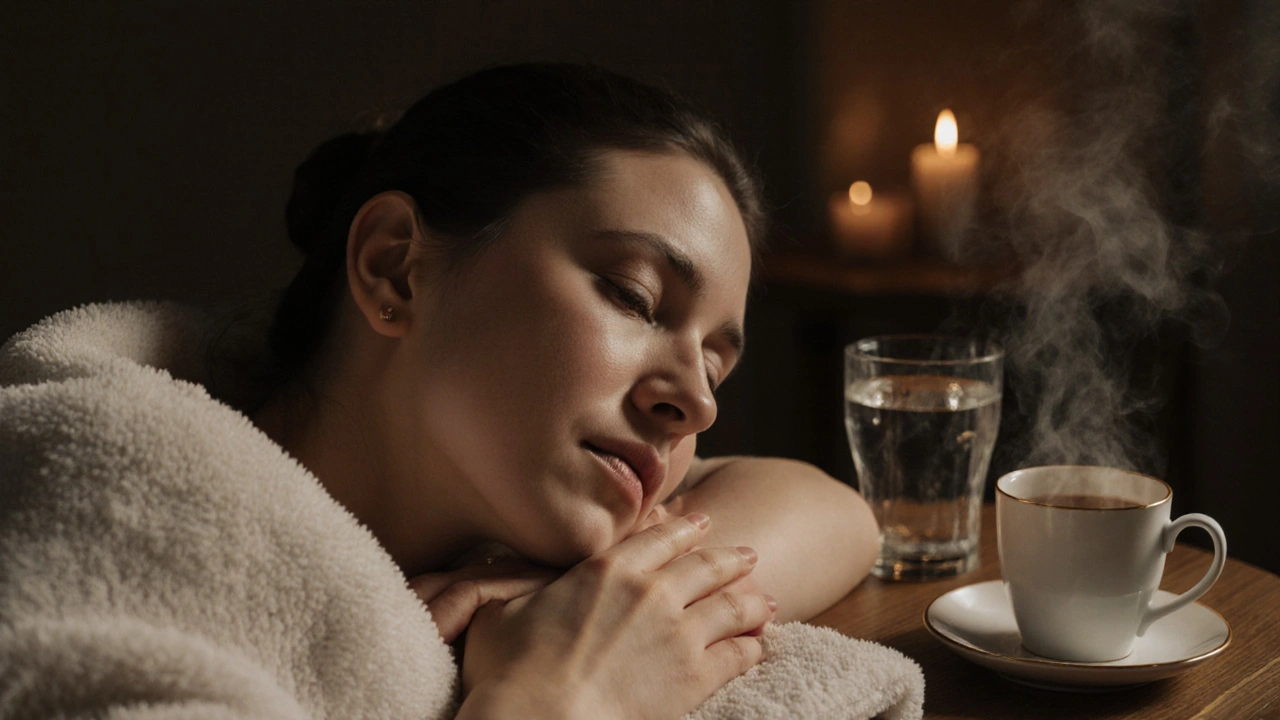 A person wrapped in a towel, eyes closed, tears on their cheeks after a deeply relaxing massage.