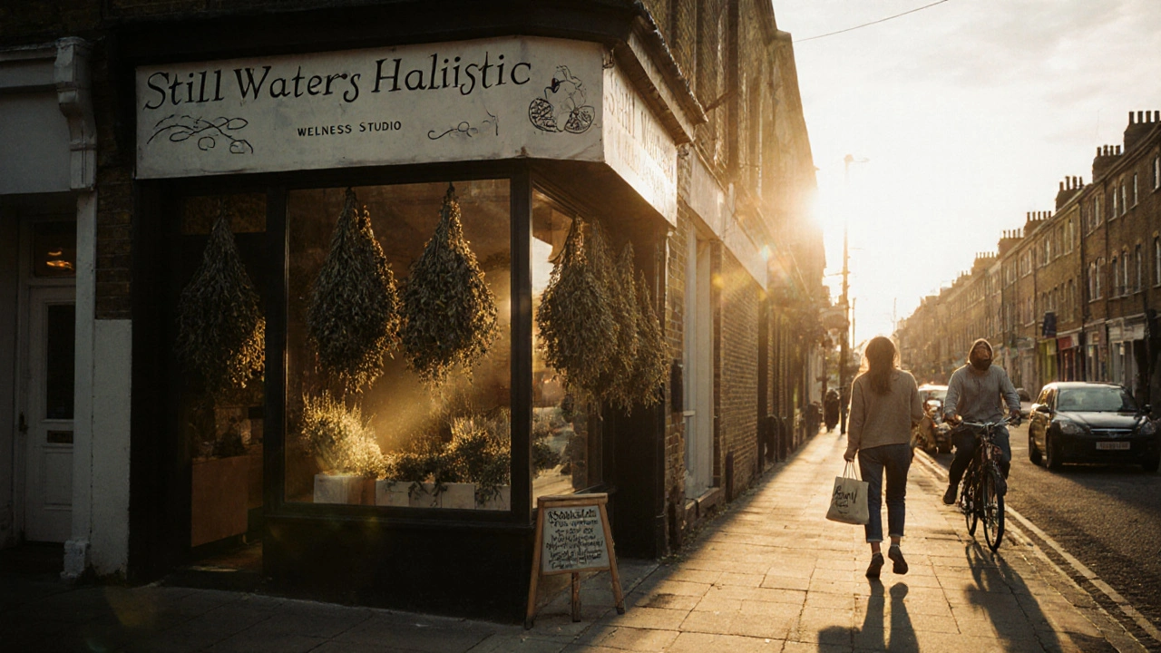 A quiet East London wellness studio with a hand-painted sign and warm light glowing from its window at golden hour.